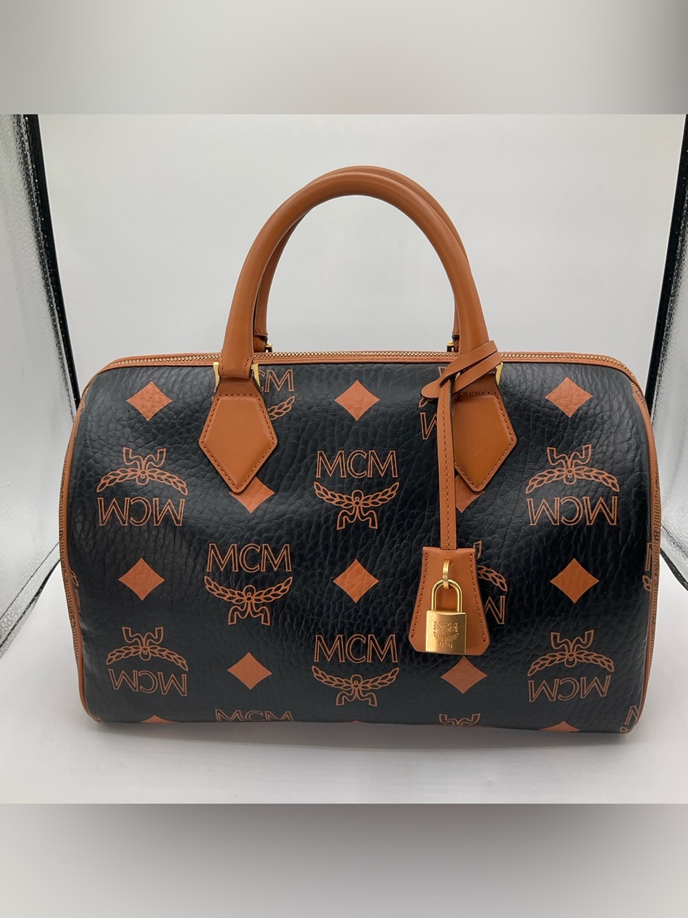 MCM Maxi Ella Visetos Lauretos Coated Canvas Boston Bag Satchel Black Brown